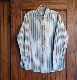 TOMMY BAHAMA Shirt Mens Large Jeans Island Modern Fit Blue Brown Striped Cotton